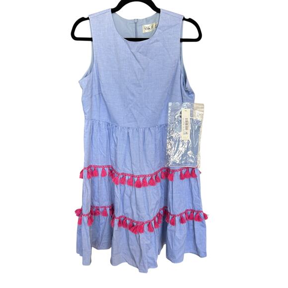 NWT Eliza J Sleeveless Tiered Blue Chambray Dress with Pink Tassels Size 8 - Picture 1 of 7